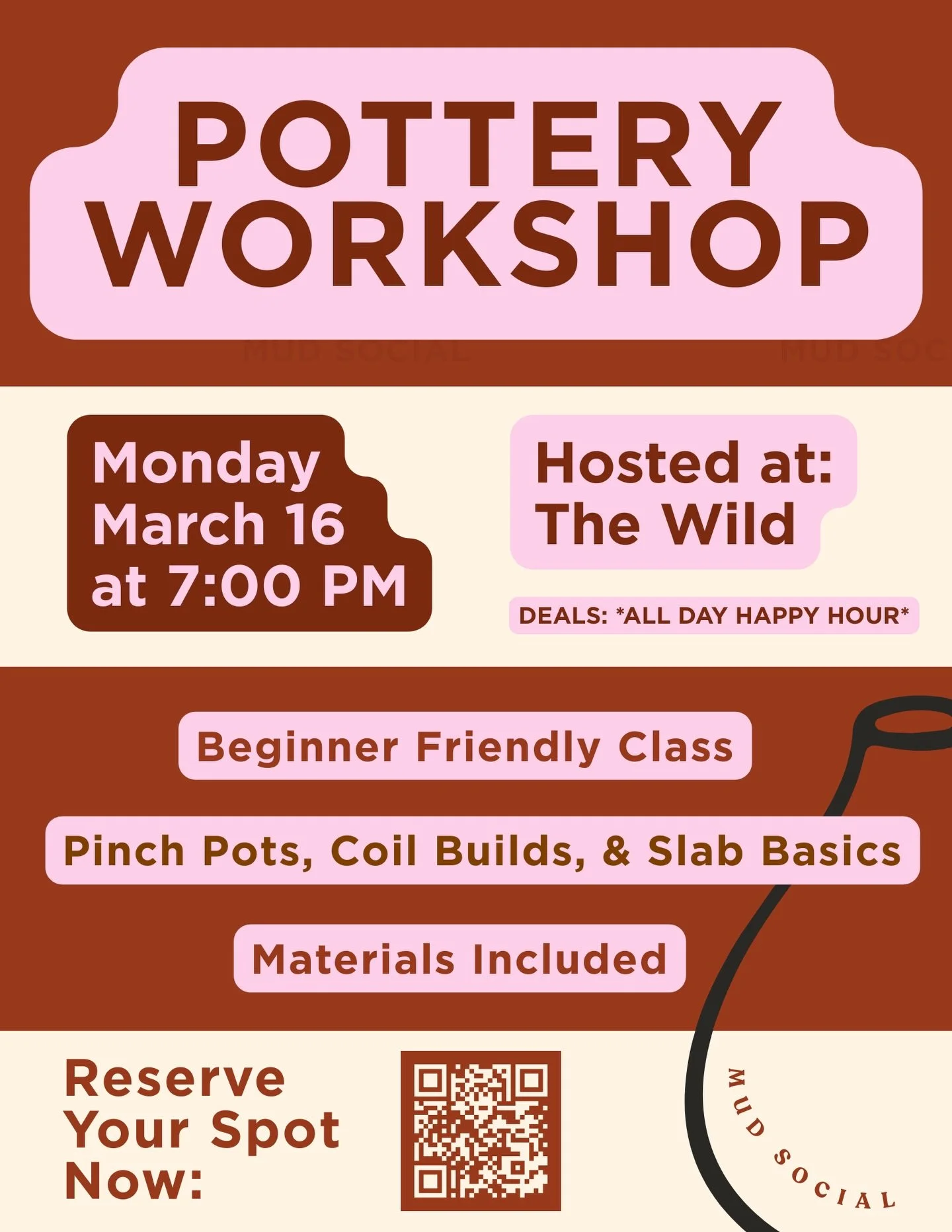 Get your hands a little dirty with us. 🏺✨

Join us Monday, March 16 at 7 PM for a Beginner-Friendly Pottery Workshop at The Wild. Learn the fundamentals of clay with pinch pots, coil builds, and slab basics&mdash;no experience needed.

All materials