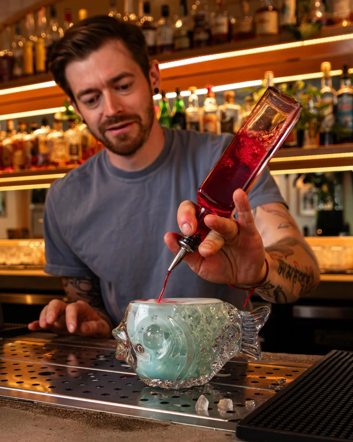 Here fishy fishy&hellip; 🐠 Introducing the Ocean Threat.

Smoky mezcal, tropical guava, blue cura&ccedil;ao and lime topped with a cloud of aquafaba foam. Served in your new favourite glass that&rsquo;s yours to purchase, if you&rsquo;d like. She&rs