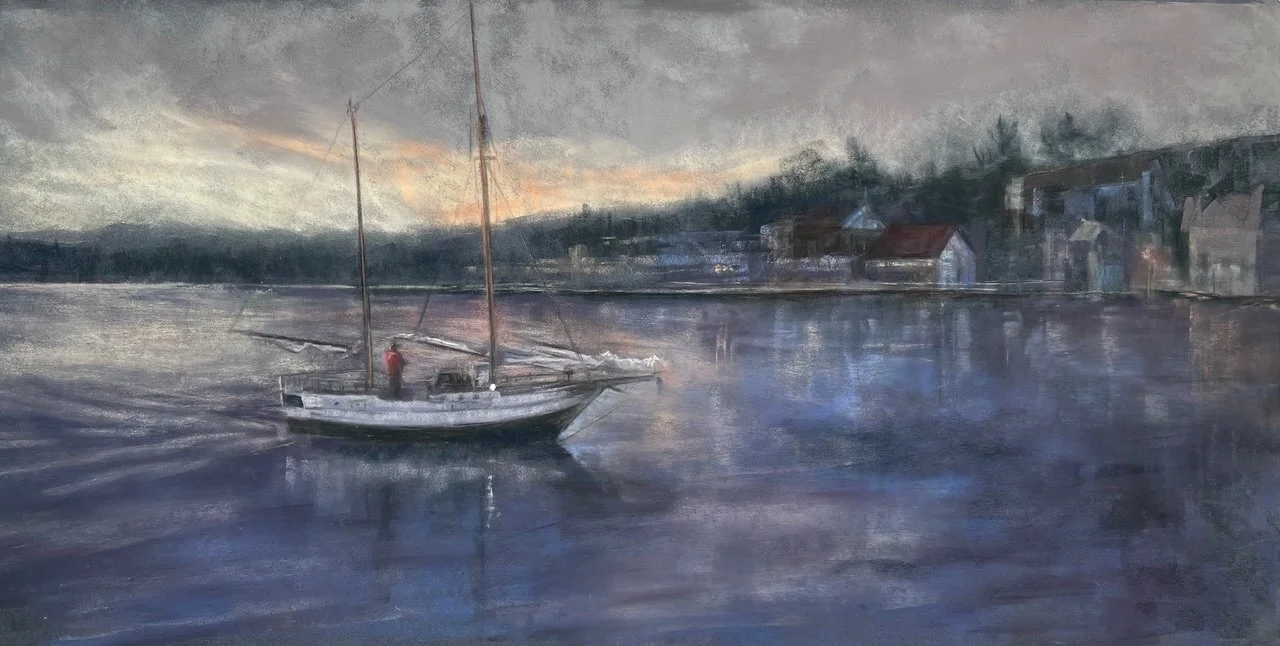 Nocturnal pastel painting of sailboat on water