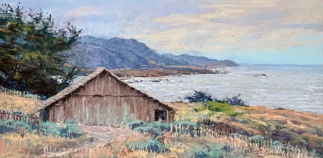 Pastel painting of barn at beach