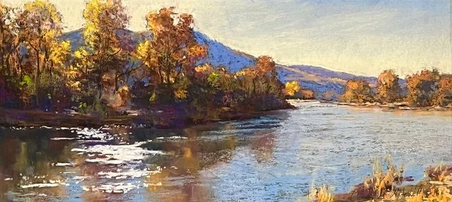 Pastel painting of river with autumn trees