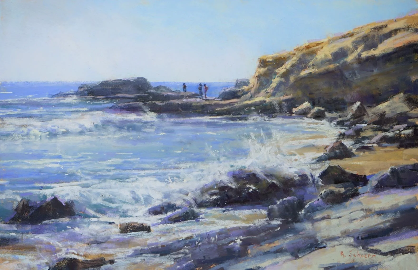 Pastel painting of rocky ocean shoreline