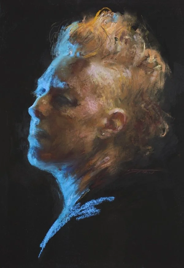 Pastel portrait of man with blue backlight