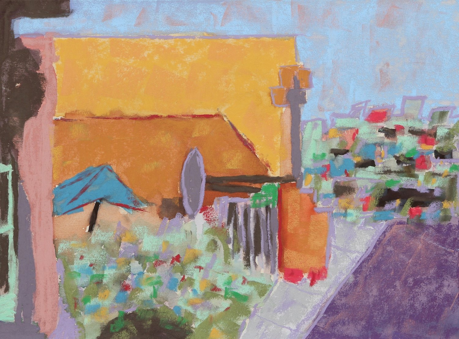 cafe along street pastel painting