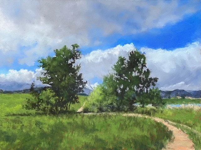 Pastel painting of landscape with two trees