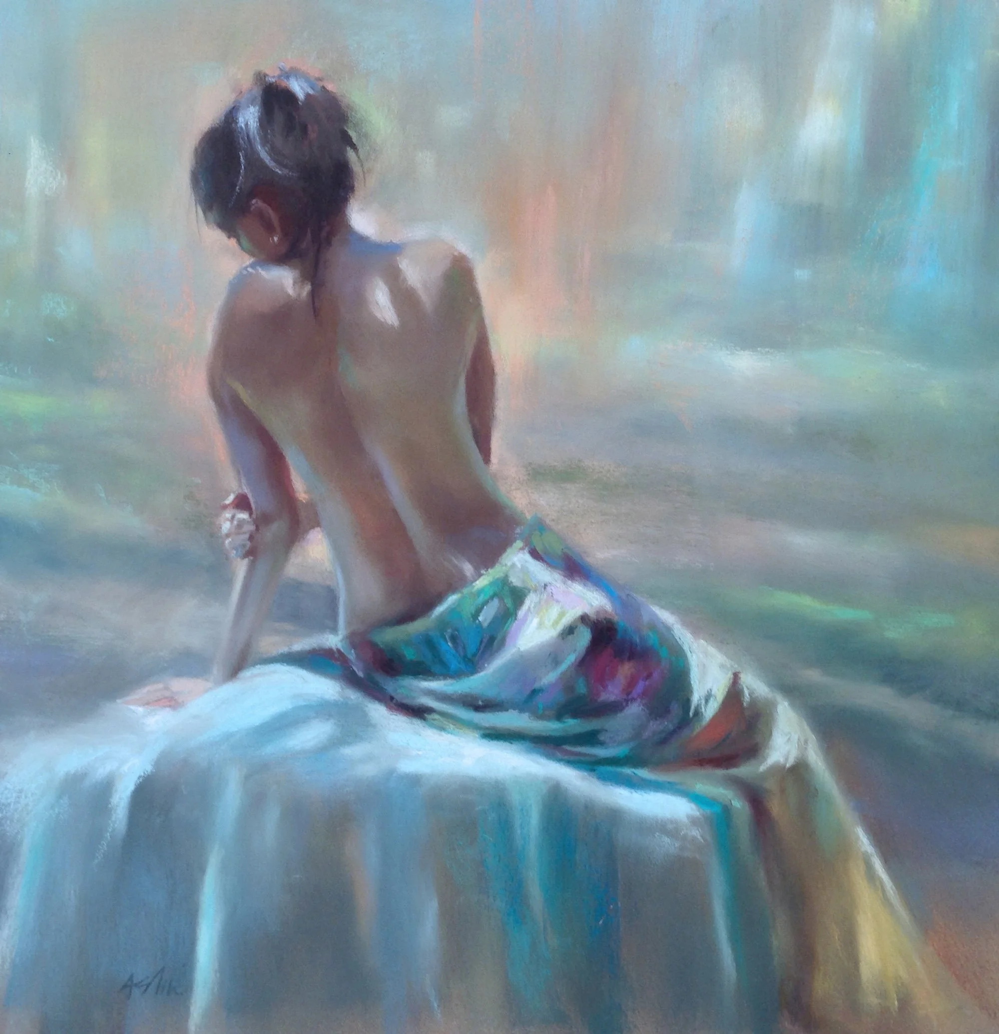 Pastel painting of woman draped