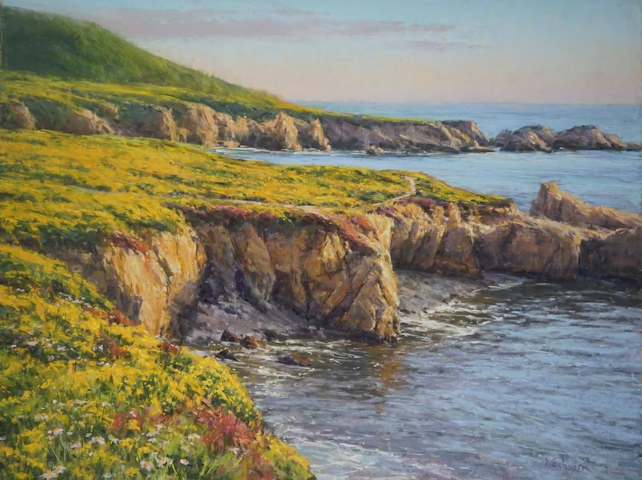 Pastel painting of coastal cliffs