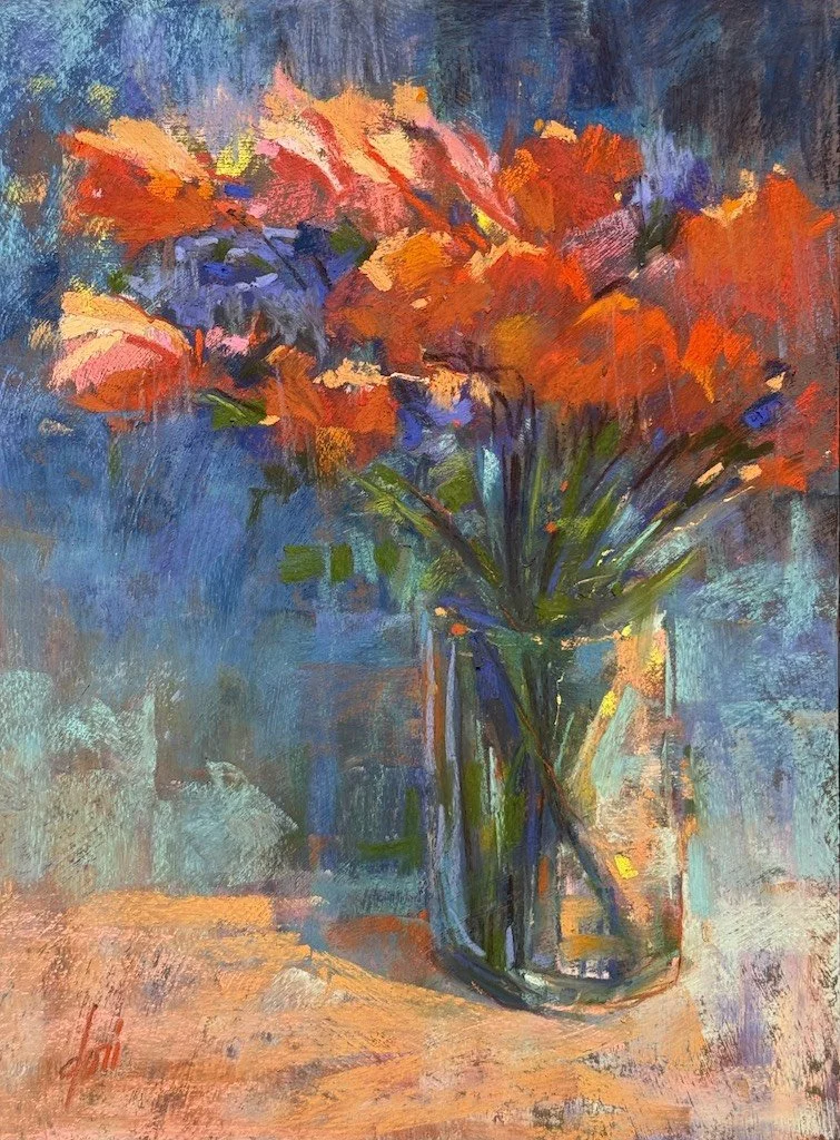 Pastel painting of orange flowers in vase