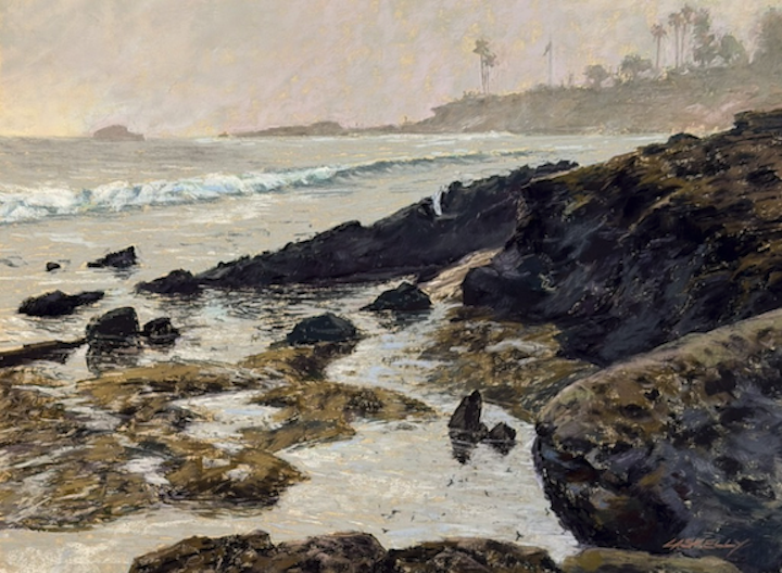 Pastel painting of rocky shoreline
