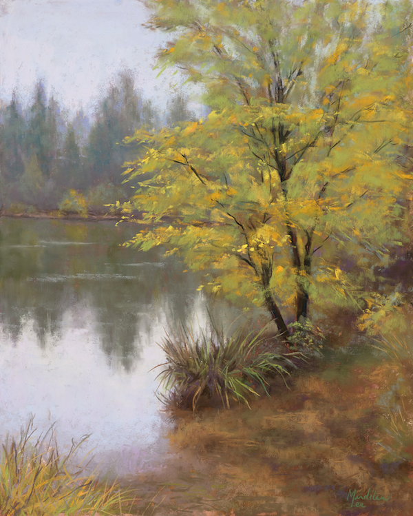 Pastel painting of lake and trees