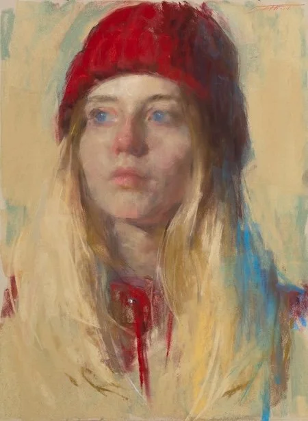 Pastel portrait of young woman in red hat