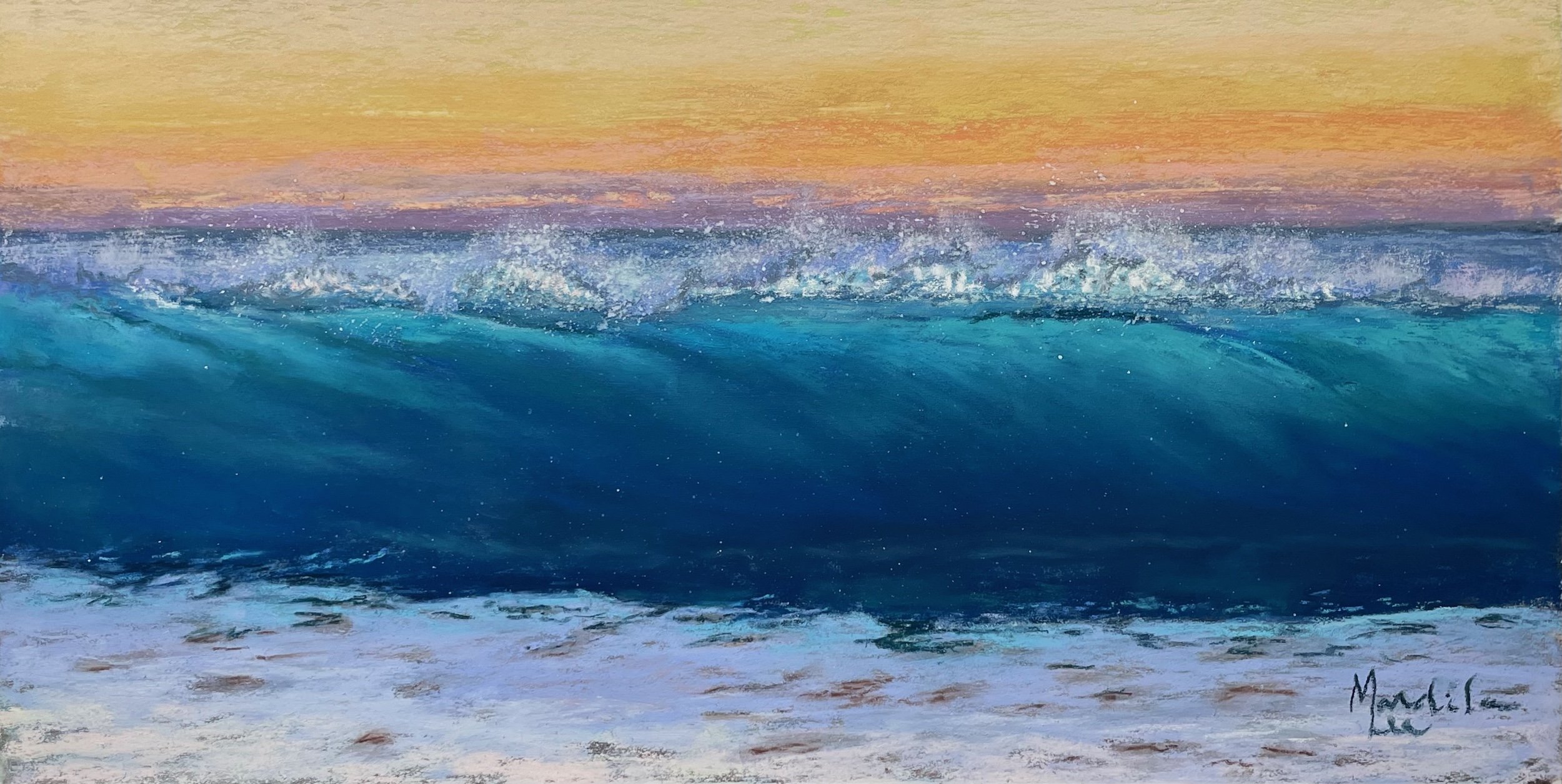 Pastel painting of long ocean wave