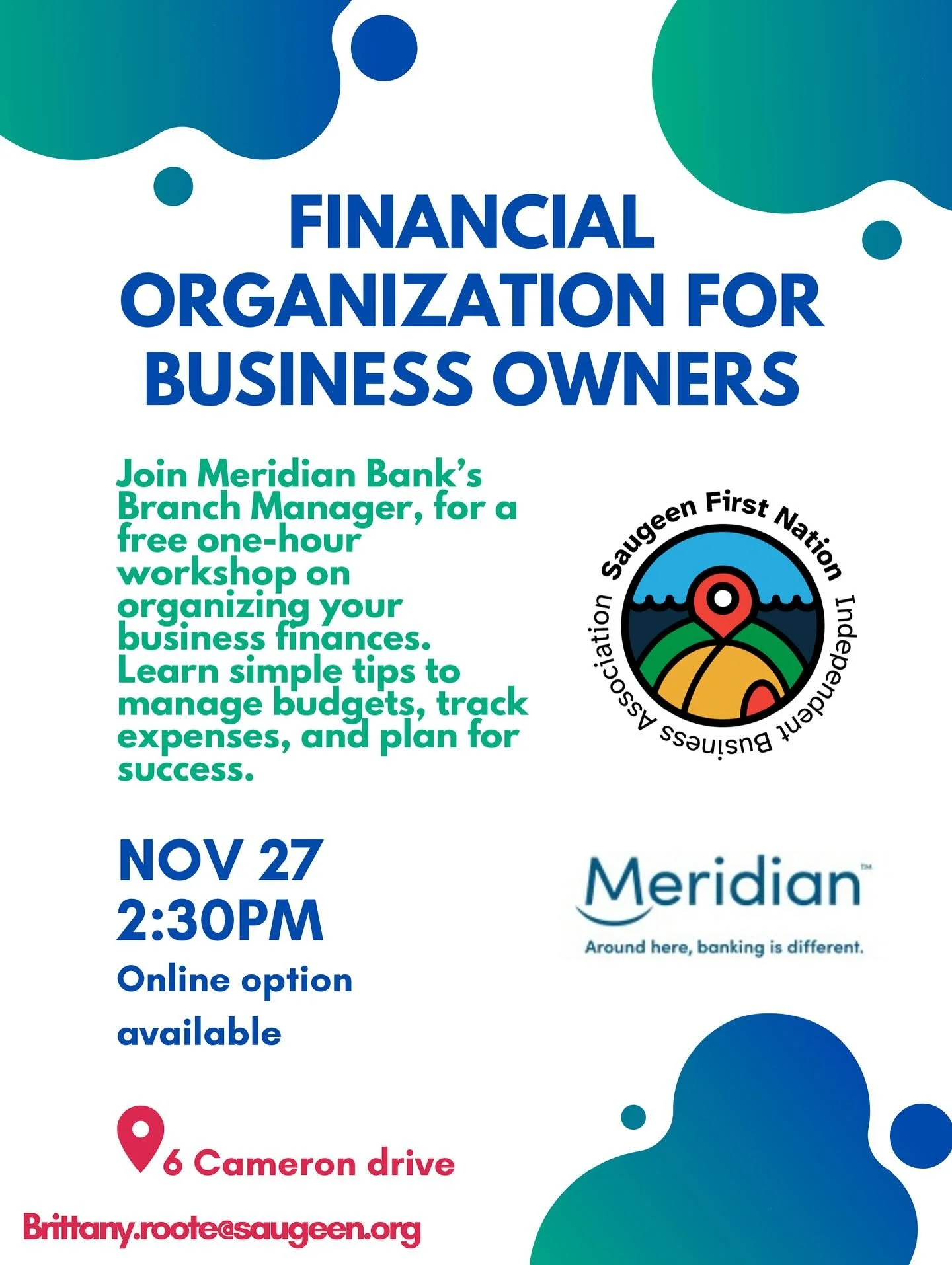 💼 Get Your Business Finances Organized!
Join us for another Financial Organization for Business Owners workshop with Meridian Bank&rsquo;s Branch Manager!
Learn how to manage budgets, track expenses, and plan for success in this free one-hour sessio