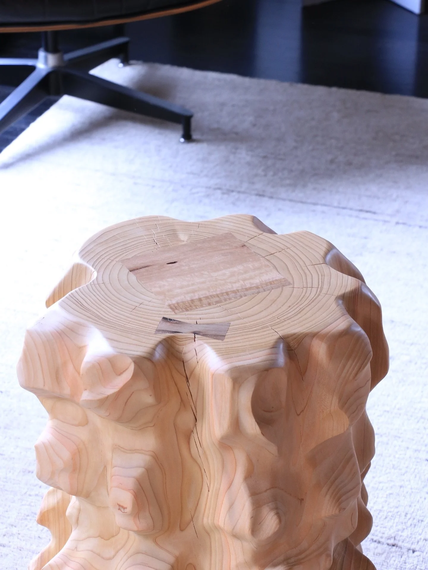 Deodar cedar side table with black walnut inlays and ties