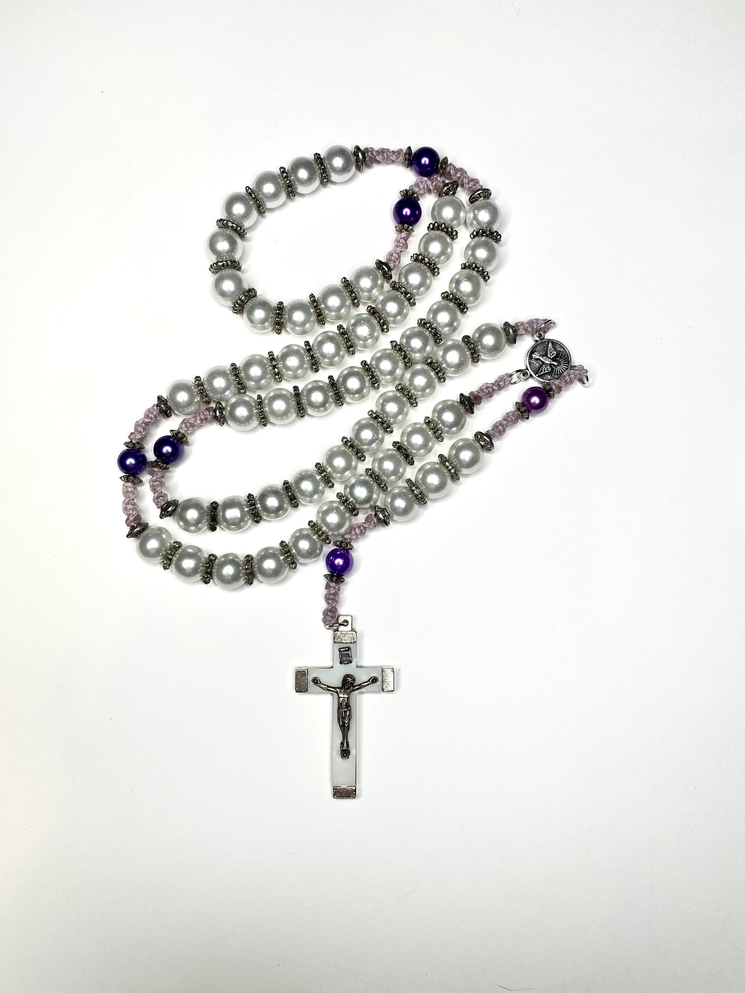 Pearlised Glass Rosary - White and Purple