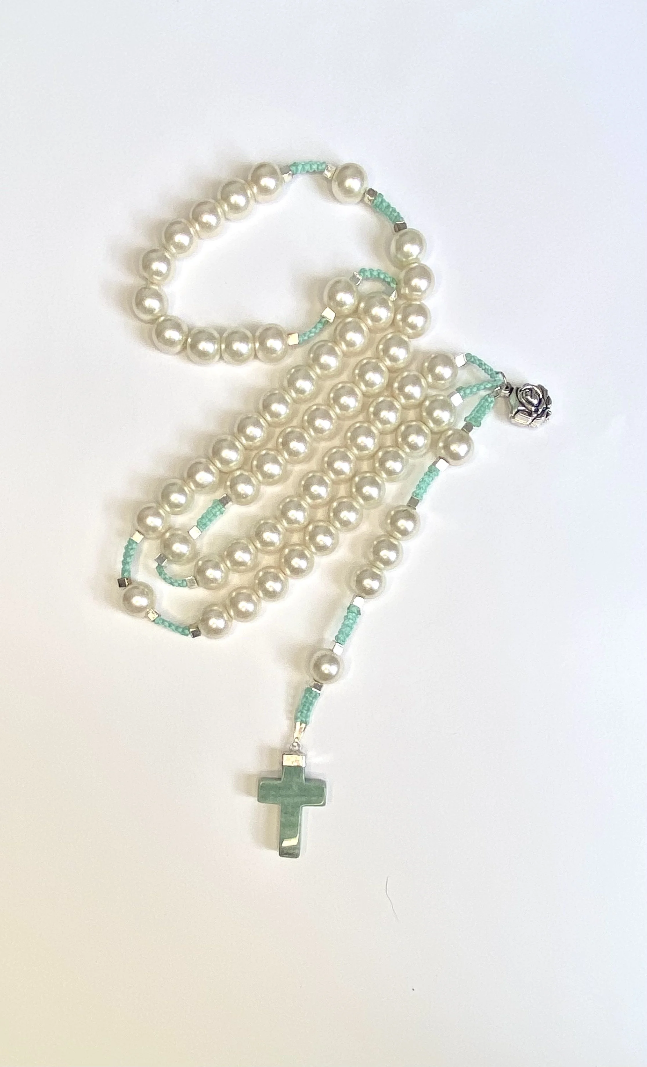 Pearlised Glass Rosary - Pearl and Blue
