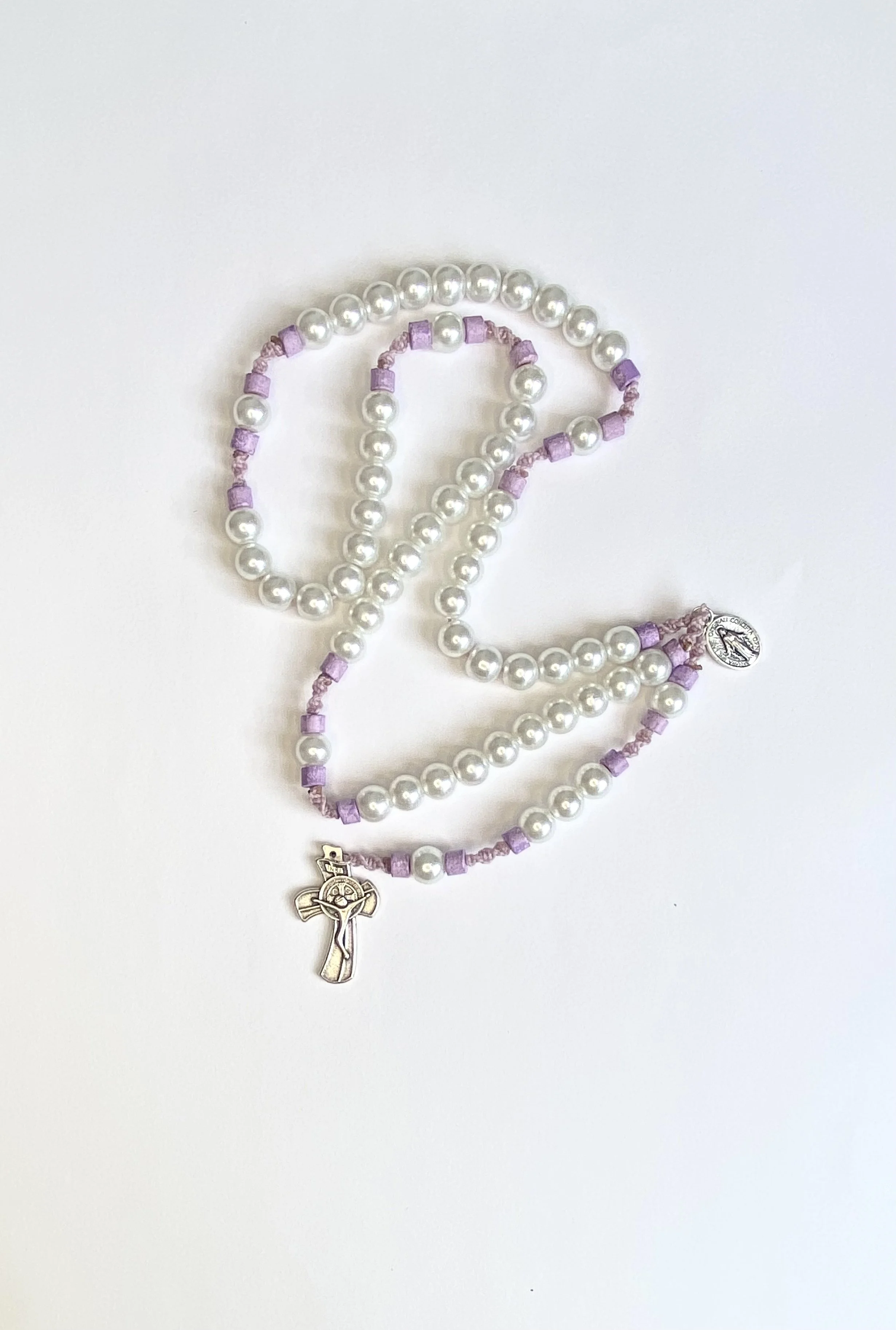 Pearlised Glass Rosary - Purple and Pearl