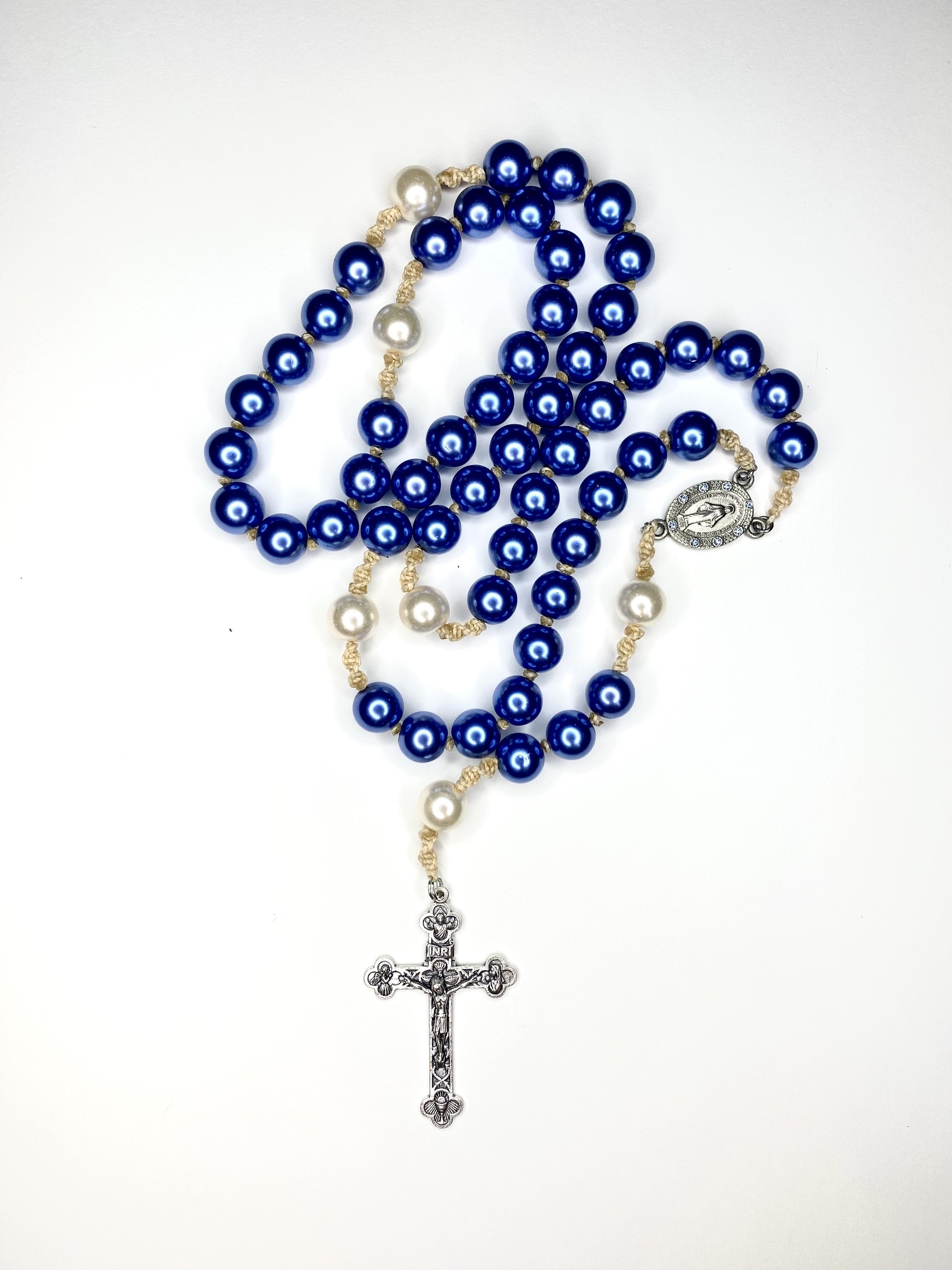 Pearlised glass rosary - Blue and  pearl