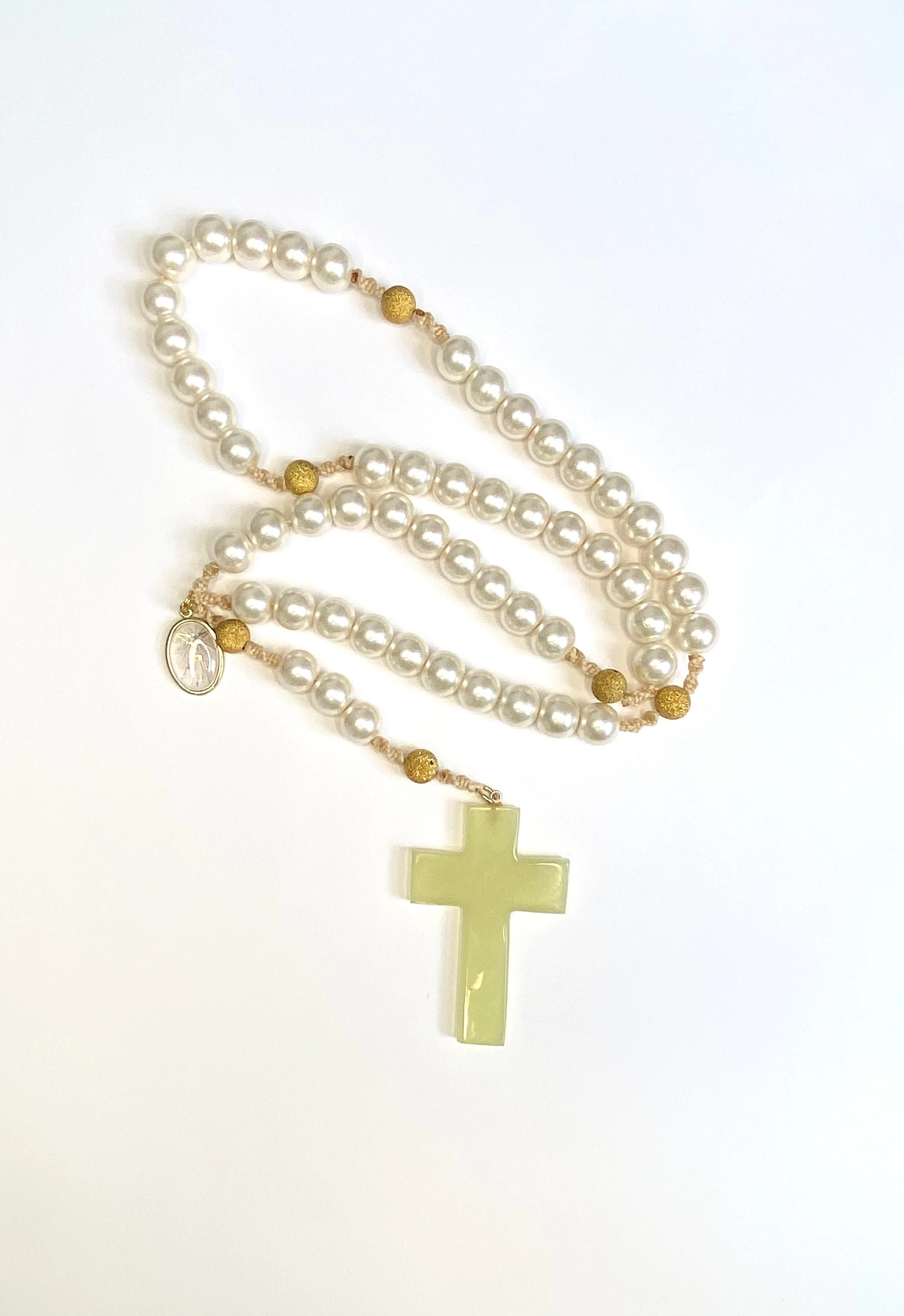 Pearlised Glass Rosary - Pearl and Gold