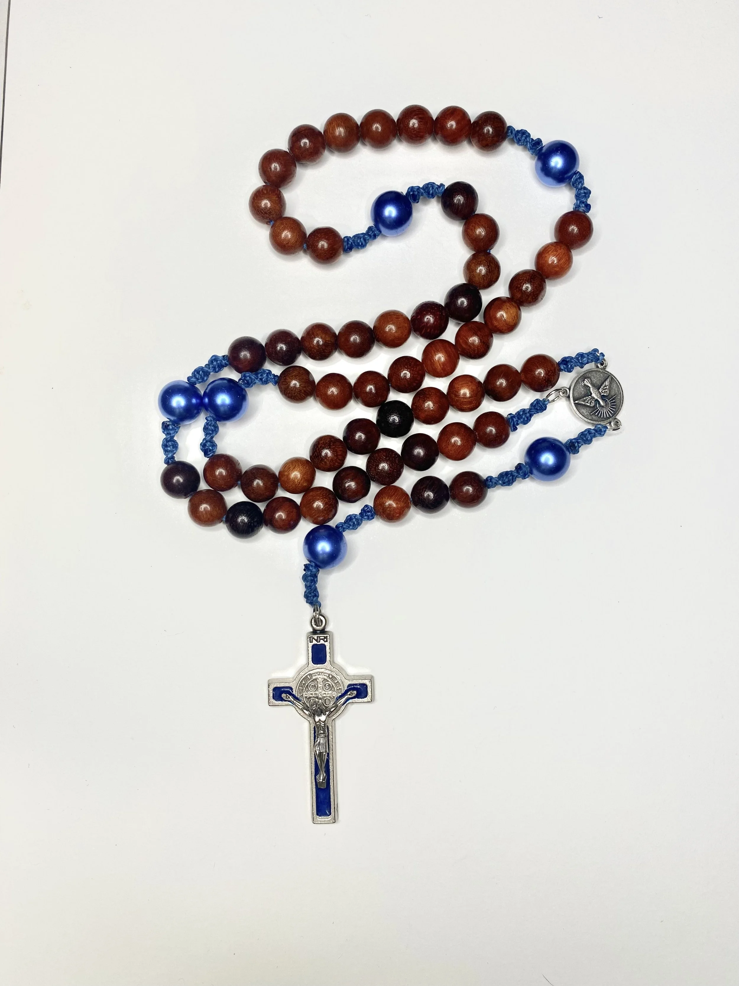 Sandalwood and Pearlised Glass Rosary - Brown and Blue