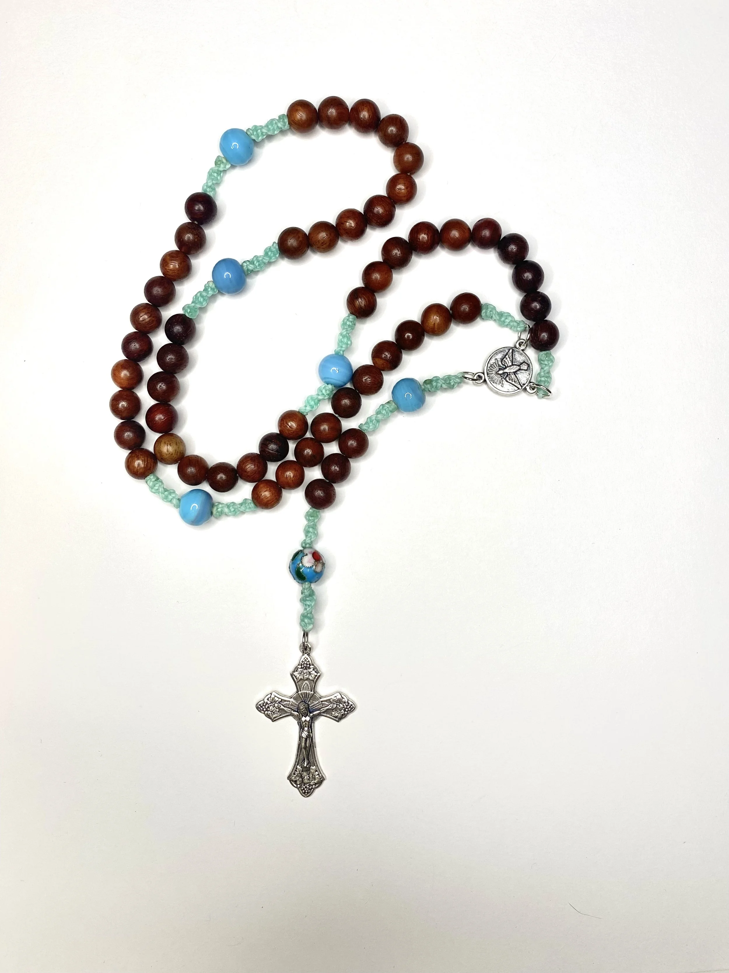 Sandalwood and Ceramic Rosary, Brown and Teal