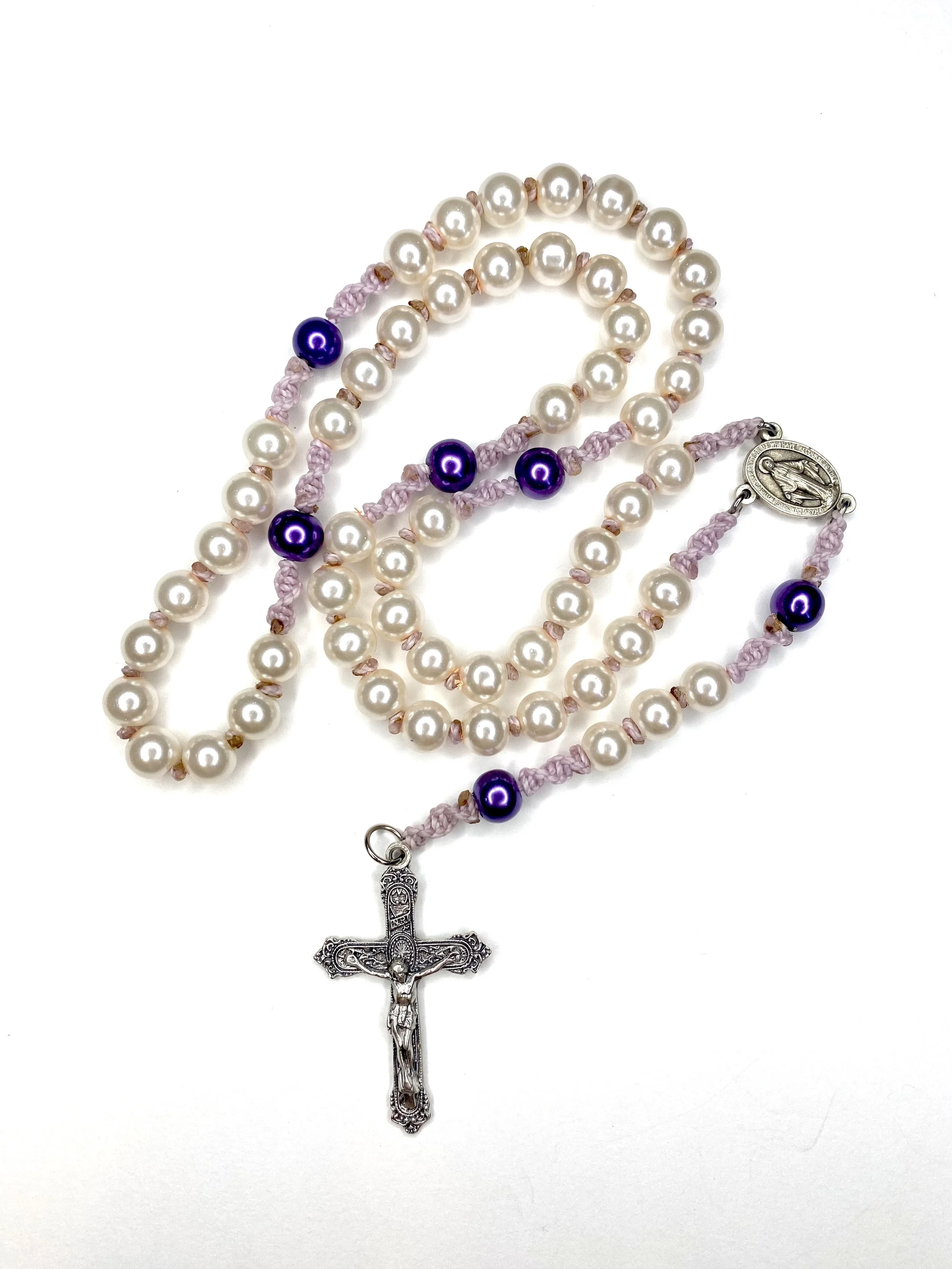 Pearlised Glass Rosary - Pearl and Purple