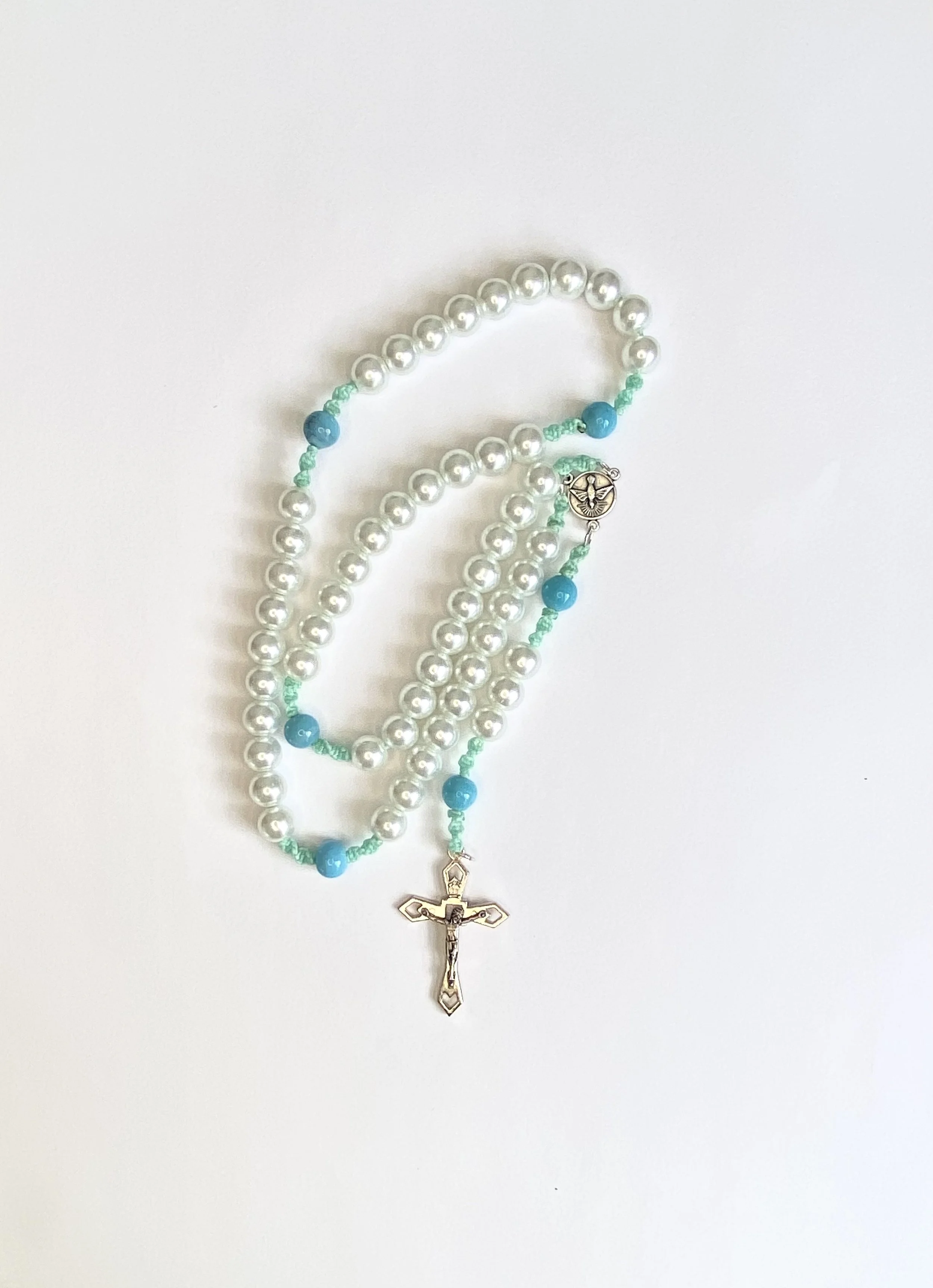 Pearlised Glass and Ceramic Rosary - White and Teal