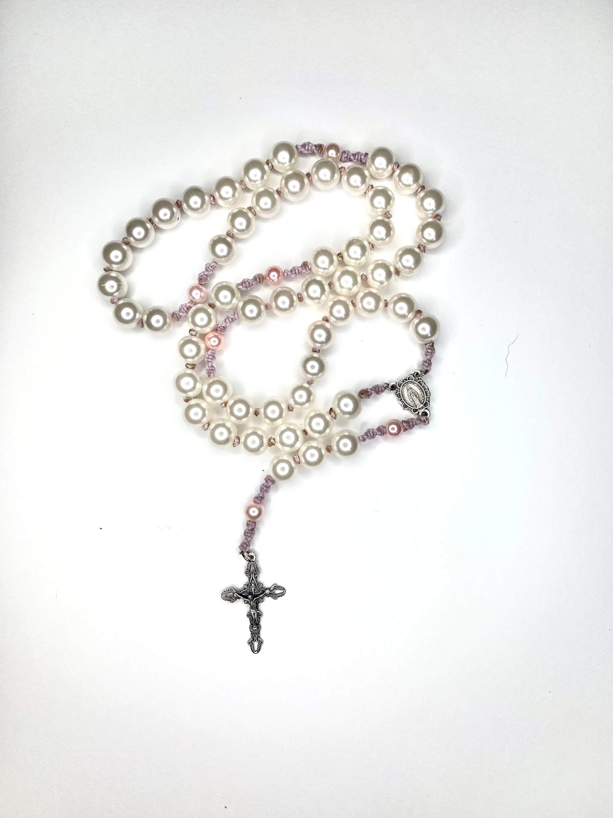 Pearlised Glass Rosary - Pink and Pearl