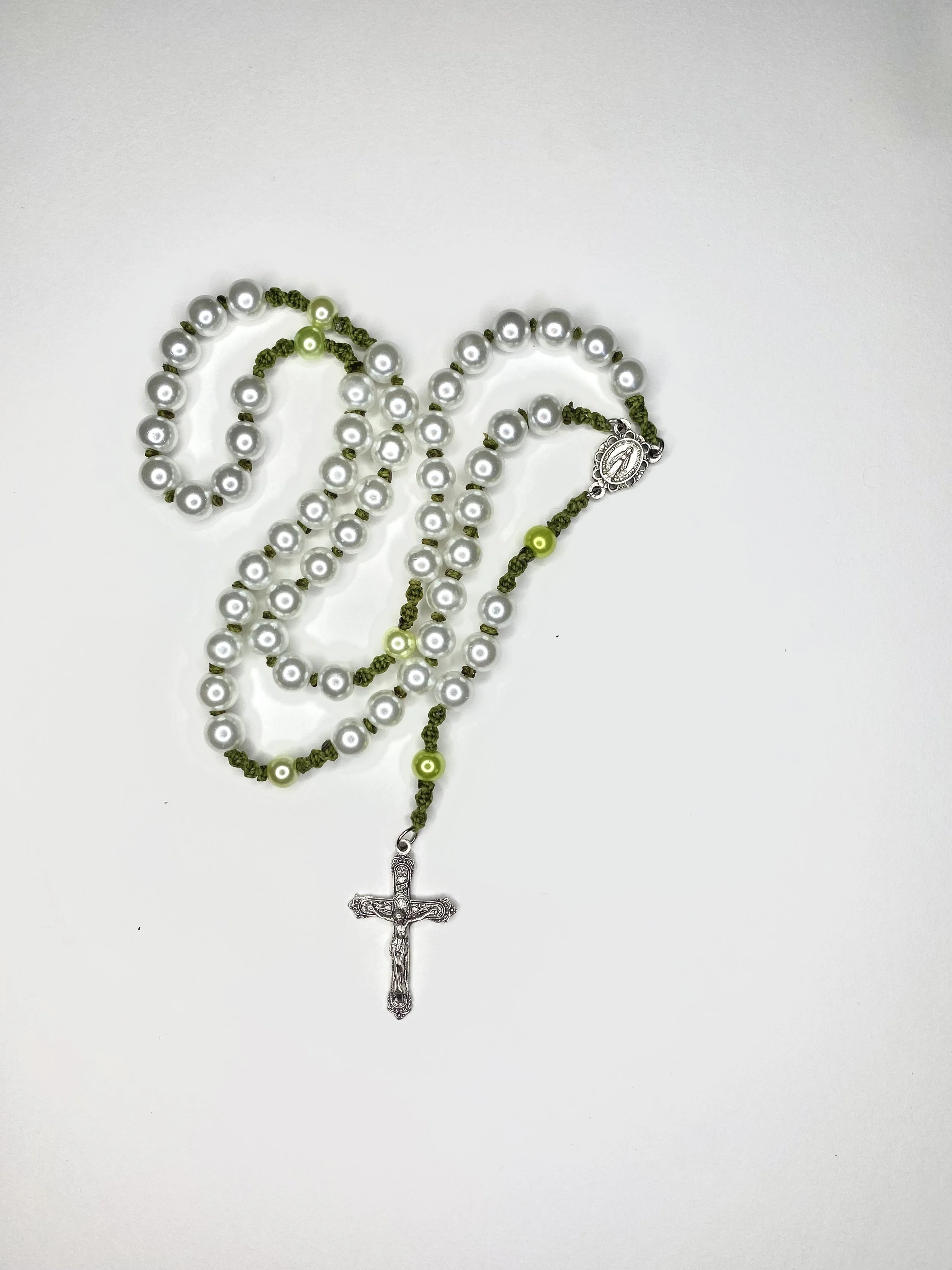 Pearlised Glass Rosary - Green and Pearl