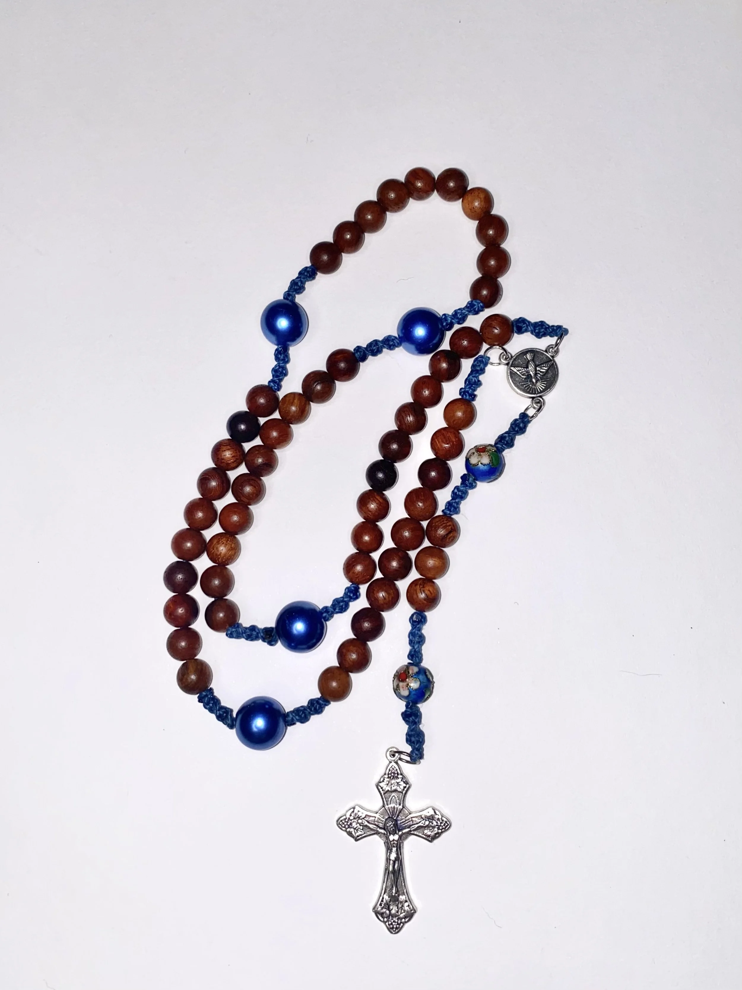 Sandalwood and Pearlised Glass Rosary - Blue
