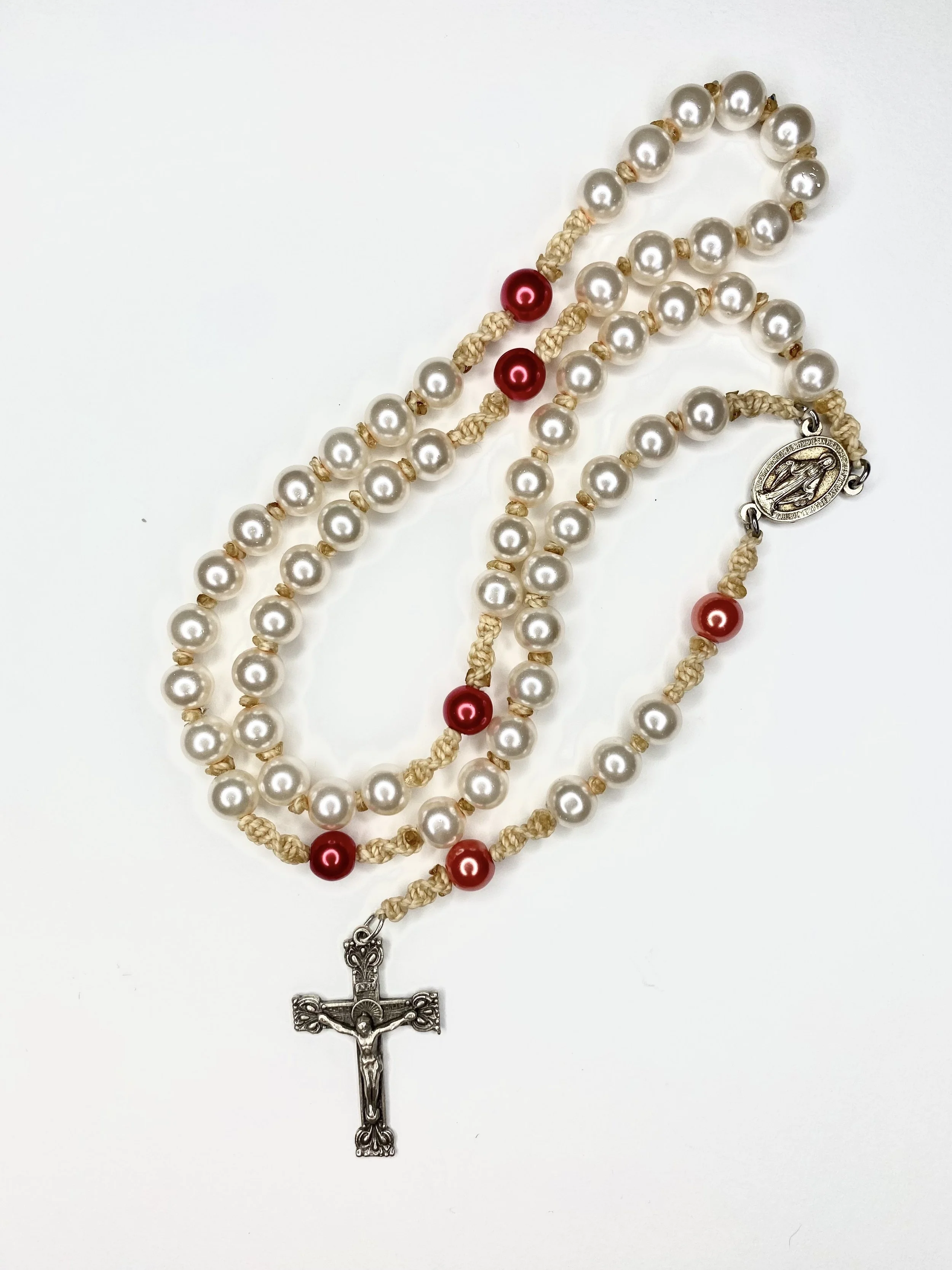 Pearlised glass rosary - Peach and Red
