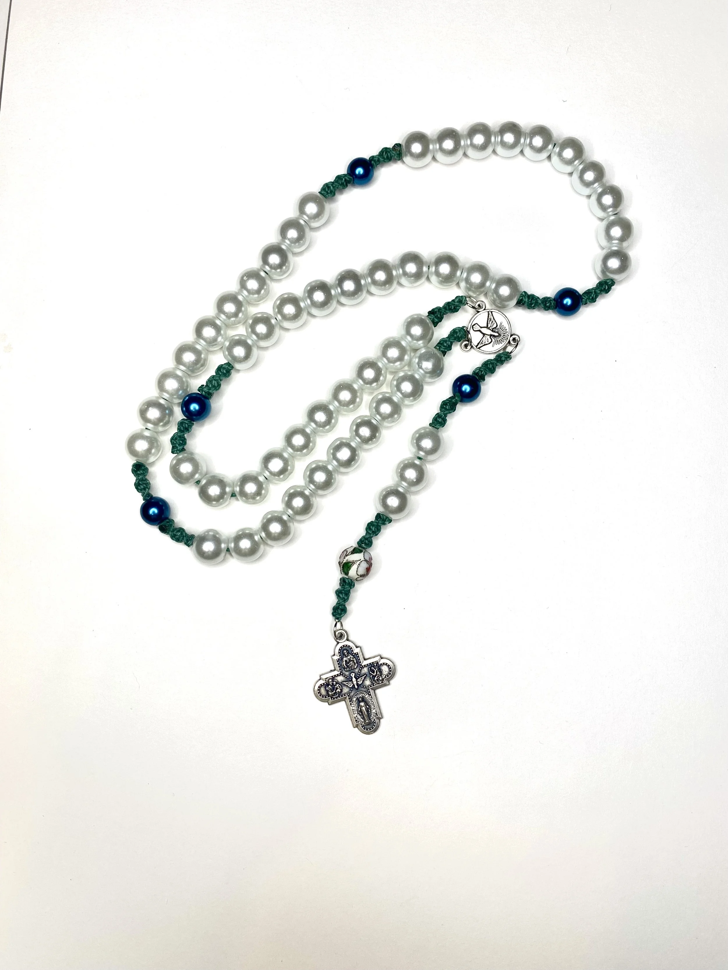Pearlised Glass Rosary - Pearl and Teal
