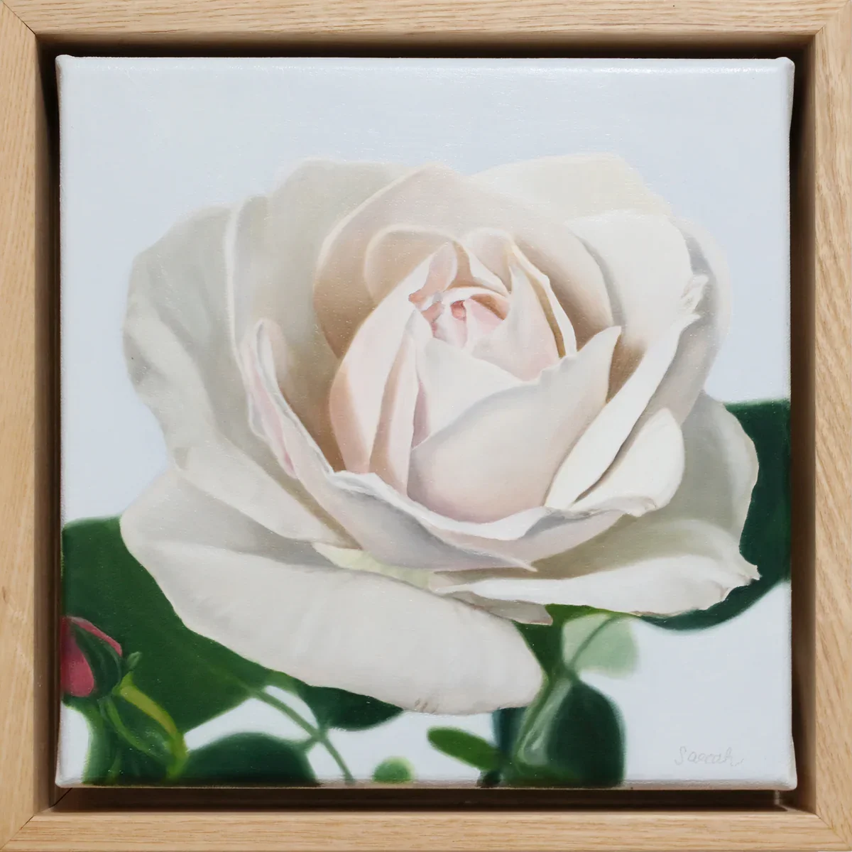 Smile, 2026, oil on canvas, 23 x 23 x 5.5cm, framed in American Ash