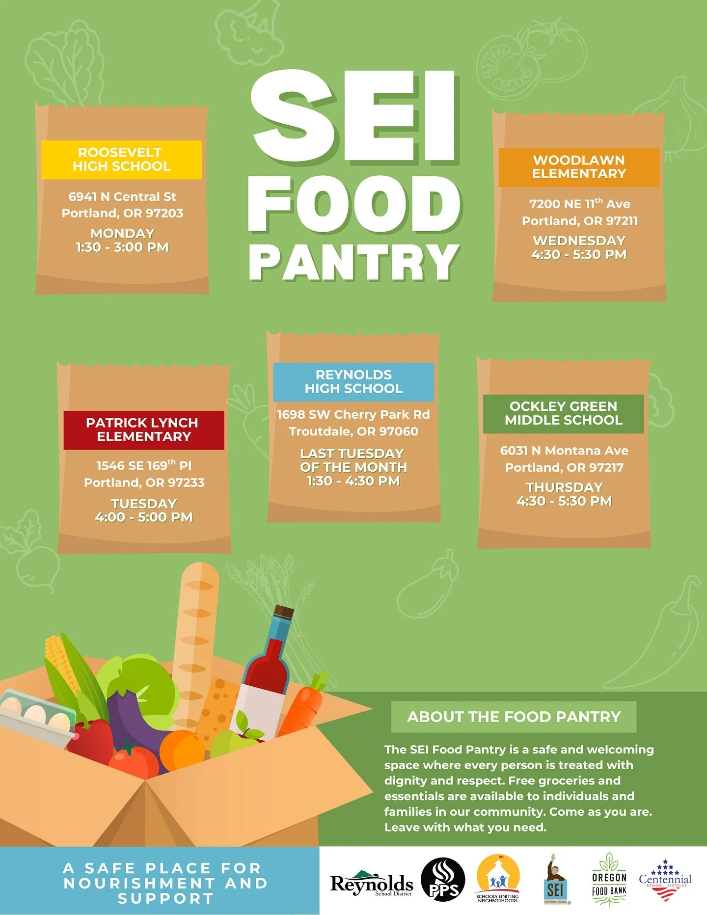 The SEI Food Pantries are a safe and welcoming space where every person is treated with dignity and respect. Free groceries and essentials are available to individuals and families in our community. Come as you are. Leave with what you need 🥫🛒
&nbs