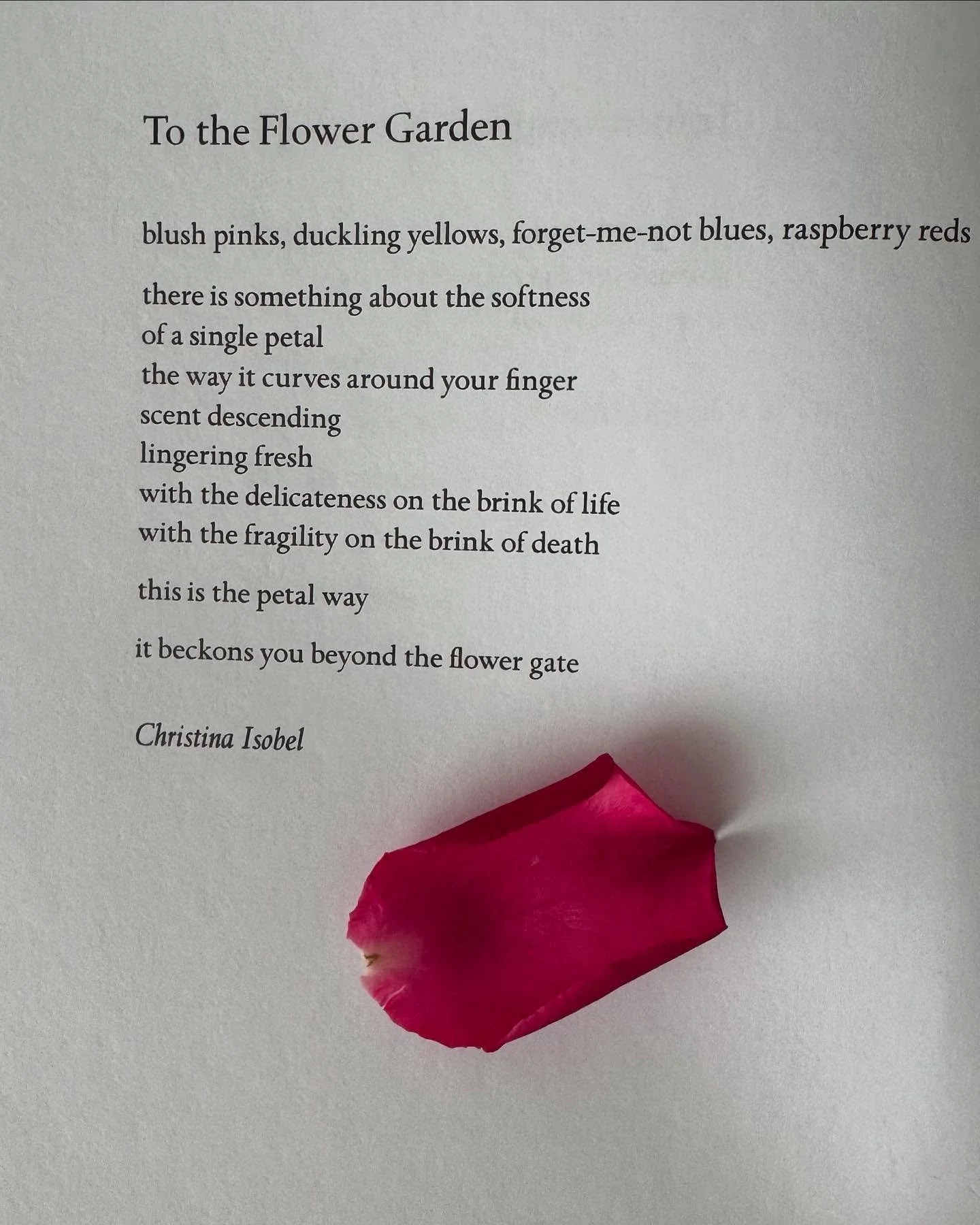 To the Flower Garden by @christinaisobel from When Flowers Sing: A Poetry Anthology.

In a time when the world is tumultuous and technological advances are rapid, this book is intended to be a tangible source of pleasure and human connection.

#poetr