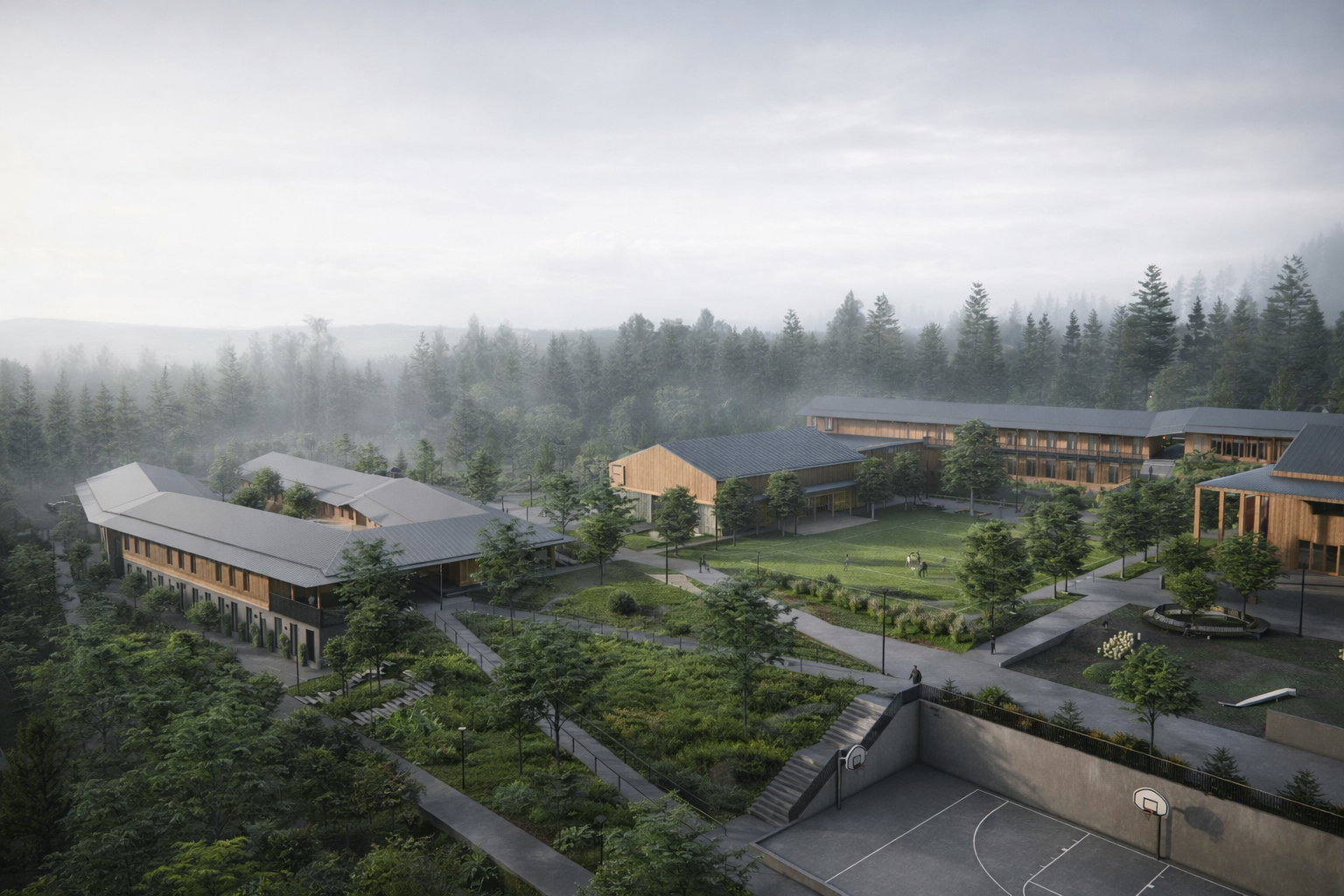  A key design feature is a stronger connection to the surrounding forest, with the campus layout adhering to the site’s natural topography and providing ample walkways throughout the site. The tiered arrangement of buildings creates a dynamic visual 