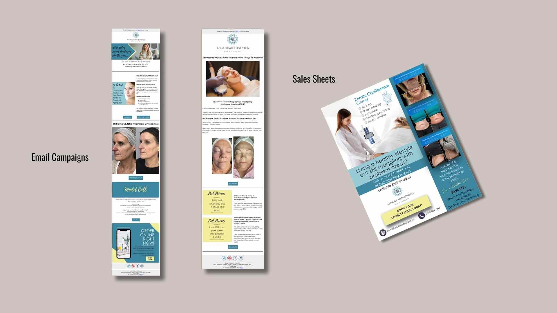 Examples of email newsletter created for Anna Elizabeth Esthetics