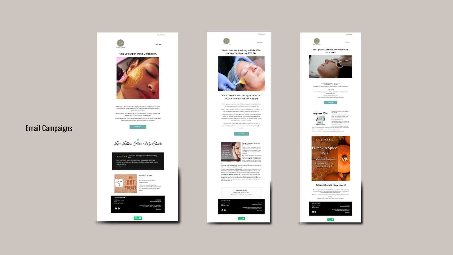 Monthly email marketing campaigns for esthetician, Avila Skin Studio