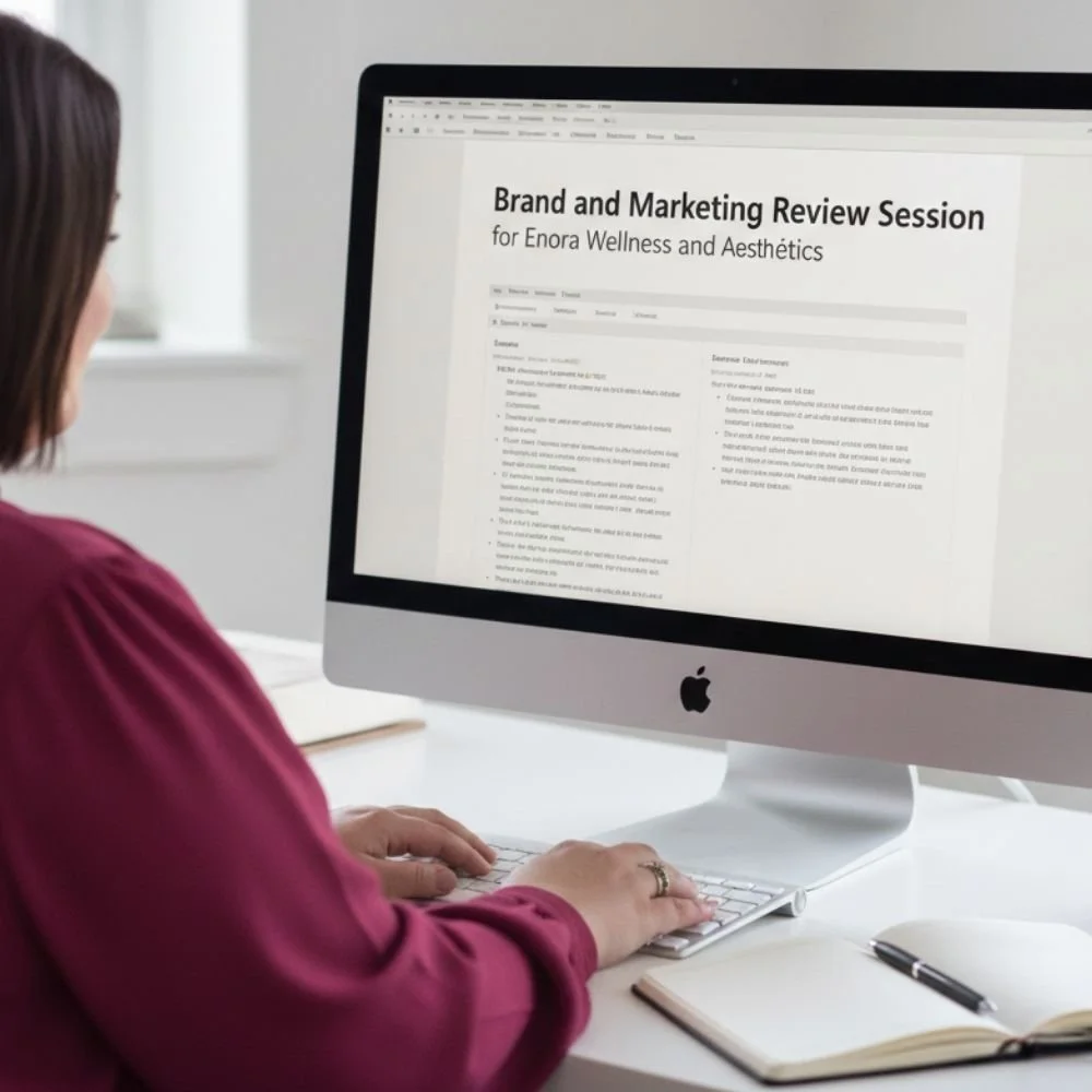 Jennifer Calero works on a Brand and Marketing review for a medspa client