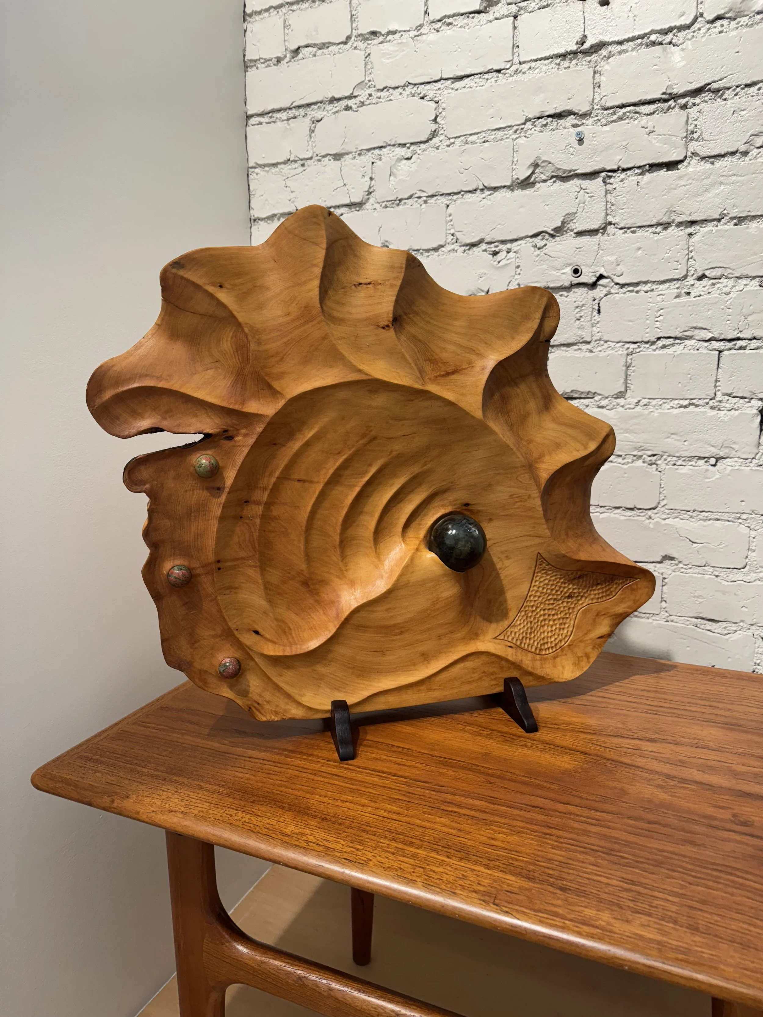 Dennis Fisher "Pearlwood" Carved 20"h x 23"w x 9"d , Yellow Cedar, Walnut & Semi Precious Stones $900