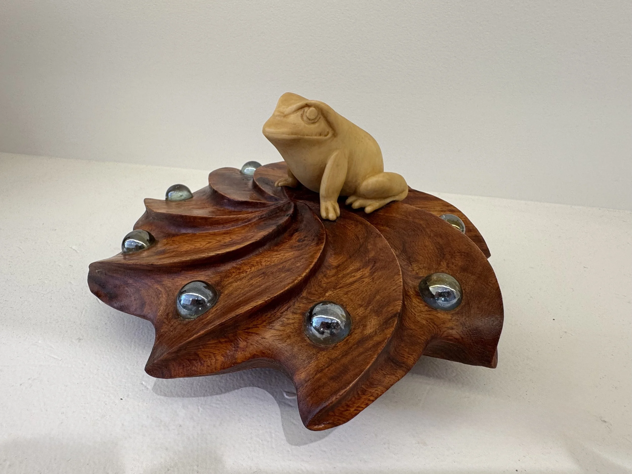 Dennis Fisher, Victoria BC "Fantasy Frog" Carved Yellow Cedar, Walnut & Glass $500