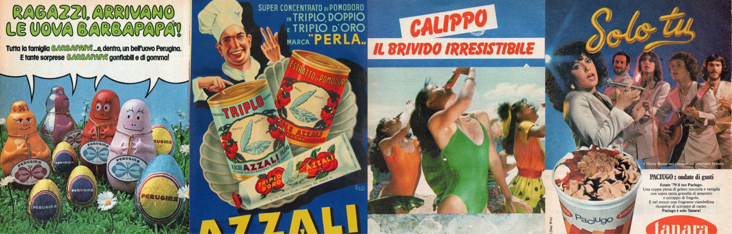 A collage of vintage Italian advertisements, including chocolate eggs, canned tomato products, women at the beach, and a woman with a microphone performing with a band.