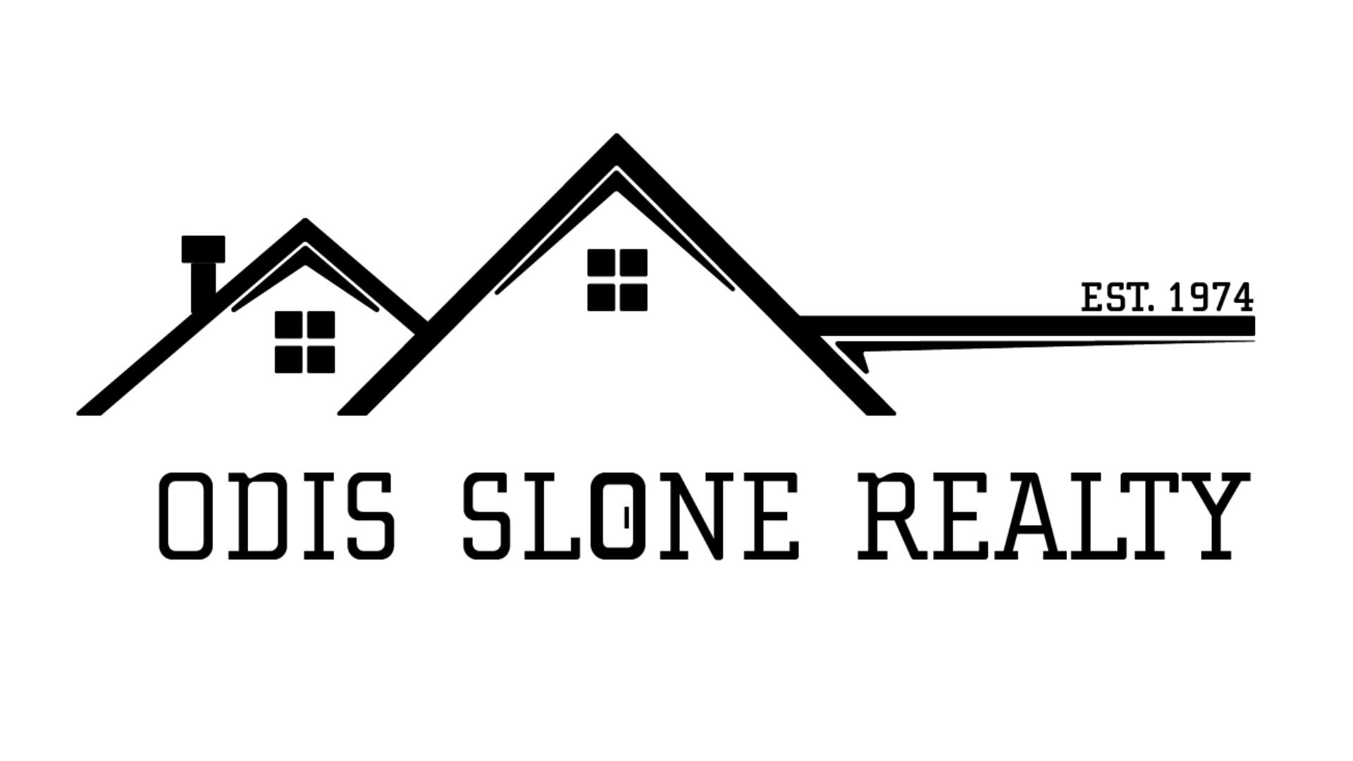 Black and white logo for Odis Slone Realty featuring stylized rooftops with windows and a chimney, the establishment date 1974, and the company name in bold capital letters.
