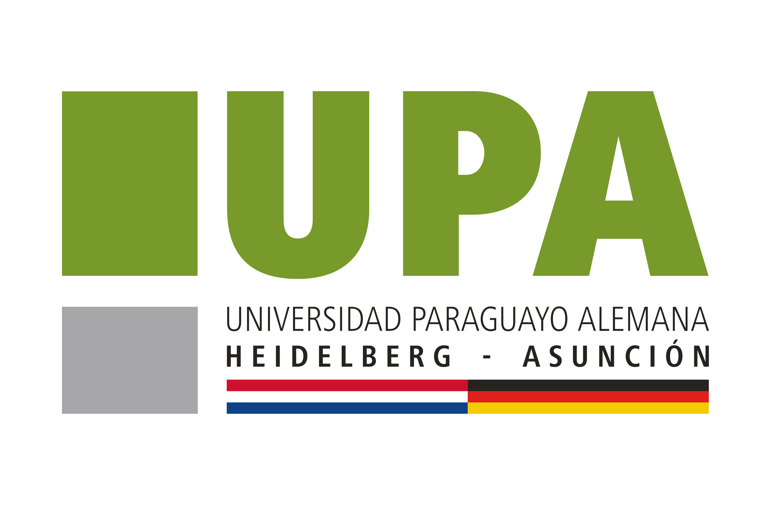 Logotipo de la Universidad Paraguayo Alemana en Asunción con las palabras 'UPA', 'Universidad Paraguayo Alemana', 'Heidelberg', y una bandera de Paraguay, Alemania y Alemania.