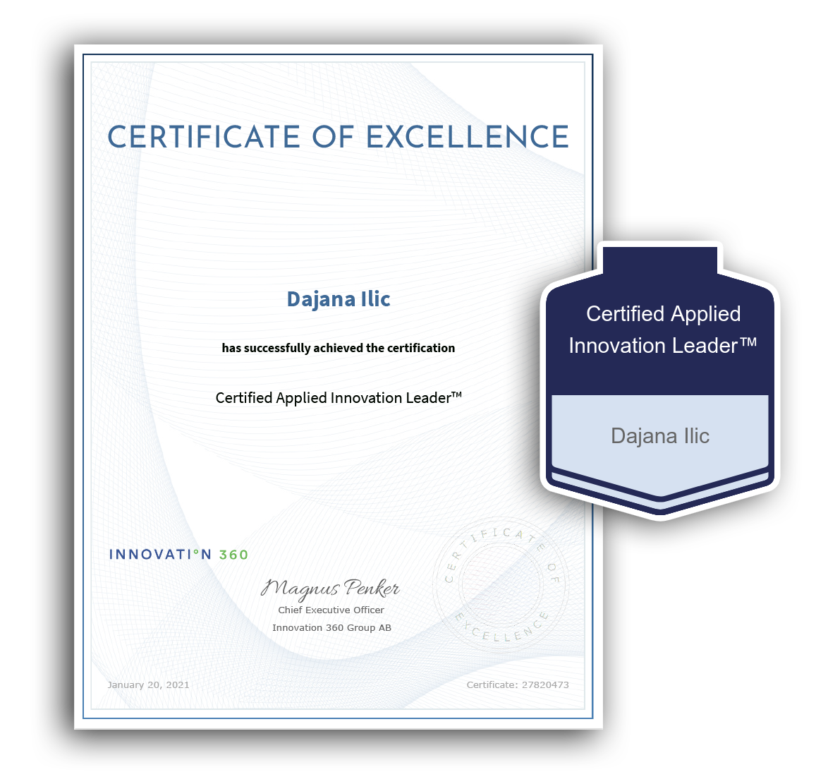 Certificado de excelencia para Dajana Ilic, otorgado por Innovation 360, con firma de Magnus Penker el 20 de enero de 2021, destacando como líder en innovación aplicada.