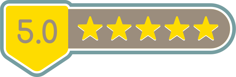 Calificación de 5 estrellas con un valor de 5.0 en un diseño de etiqueta o calificación.