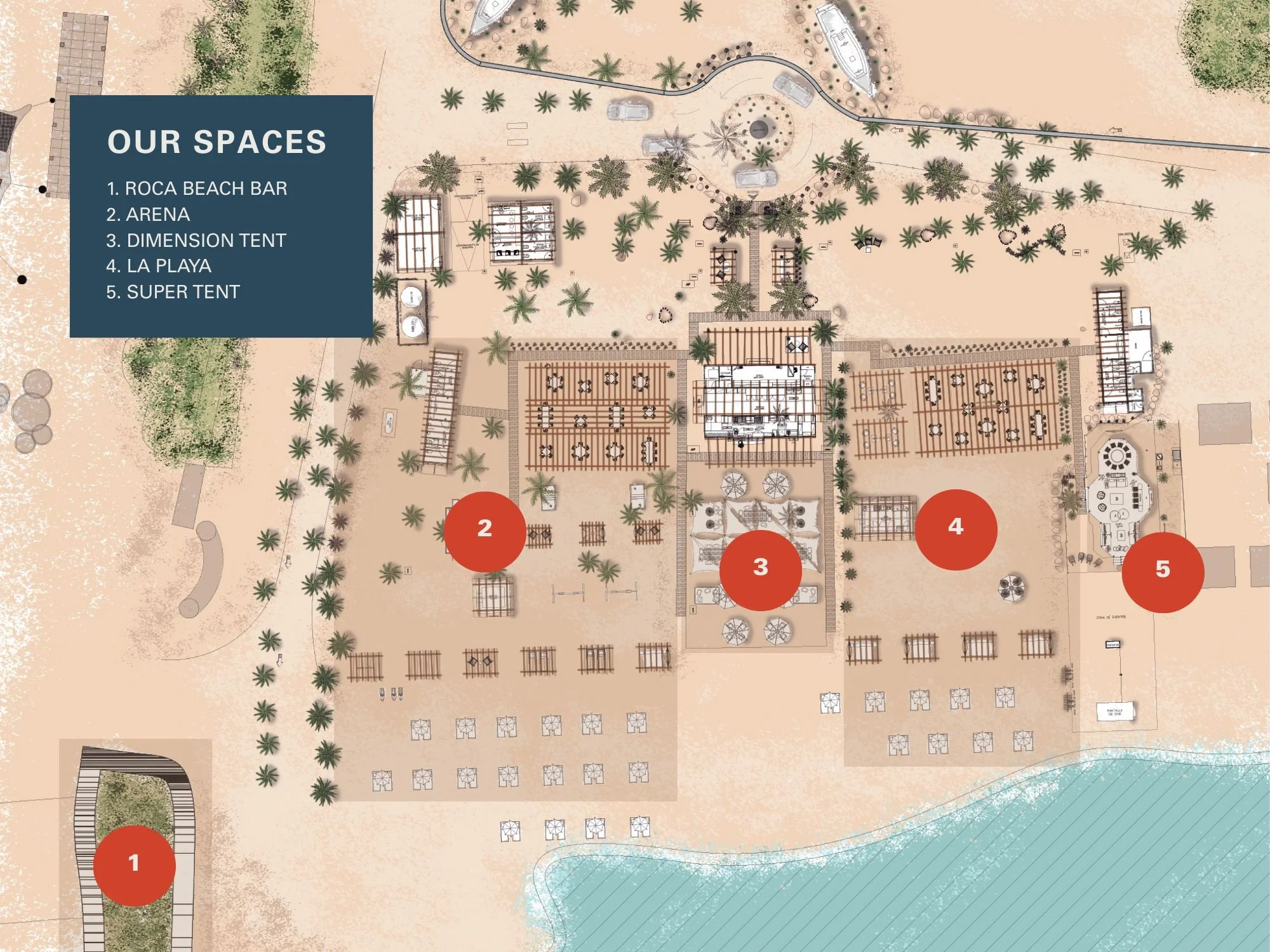 Beach resort map showing various amenities including a beach bar, arena, tent areas, sea, and surrounding palm trees.