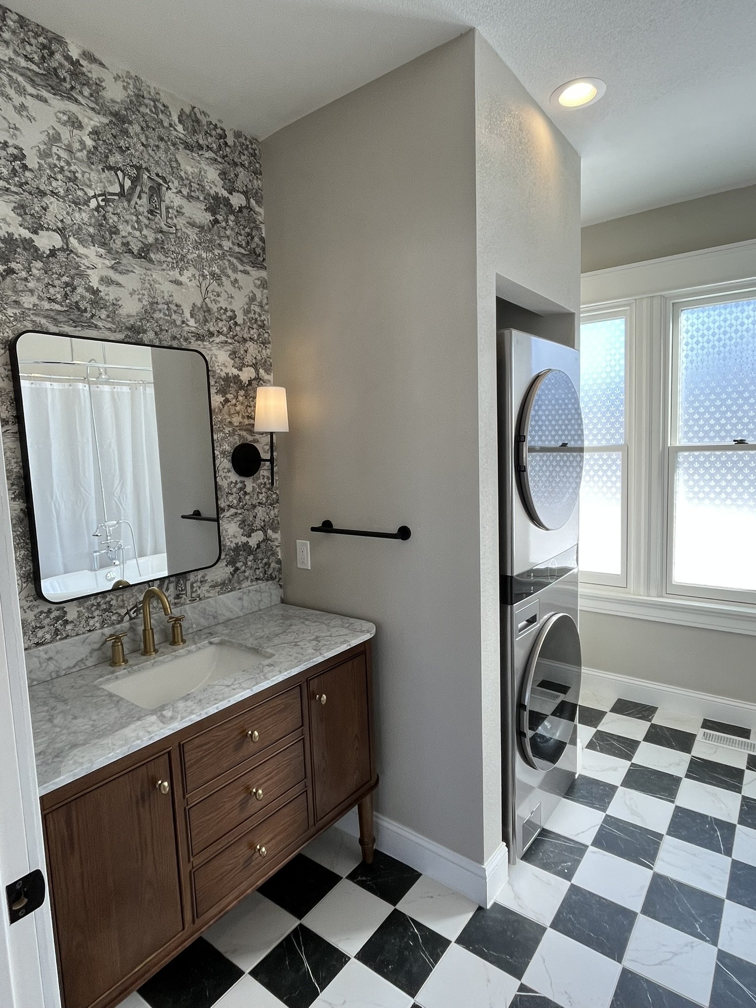 washer dryer privacy natural light vanity