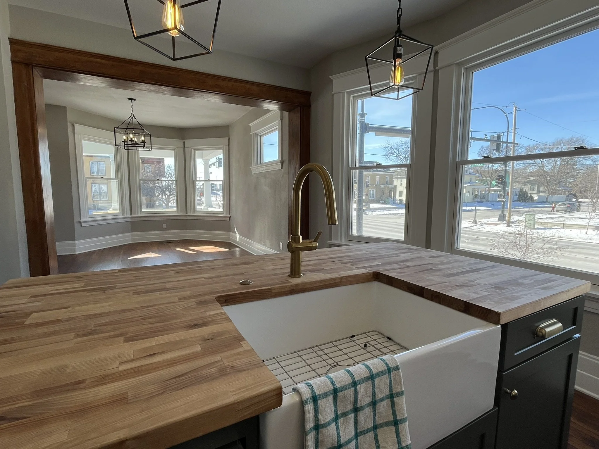 farm house sink butcher block historic cabinets