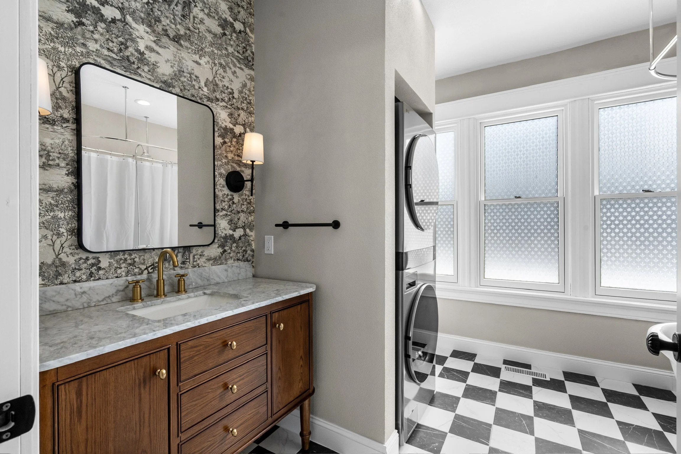 washer dryer privacy natural light vanity